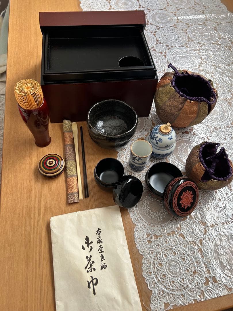 す*か様 茶道具セット 一式 焦茶箱付き 木箱のサイズ 約高さ14㌢幅21㌢奥行