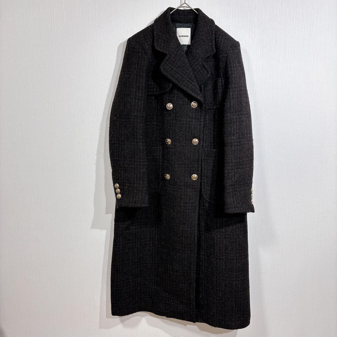 sandro ダブルブレスト　ロングコート　ロゴ金ボタン　チェック　美シルエット