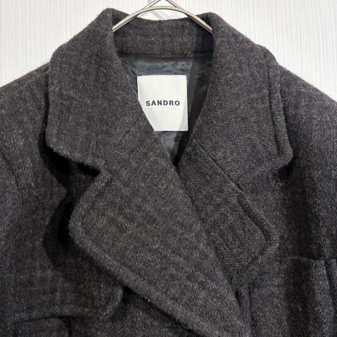 sandro ダブルブレスト　ロングコート　ロゴ金ボタン　チェック　美シルエット