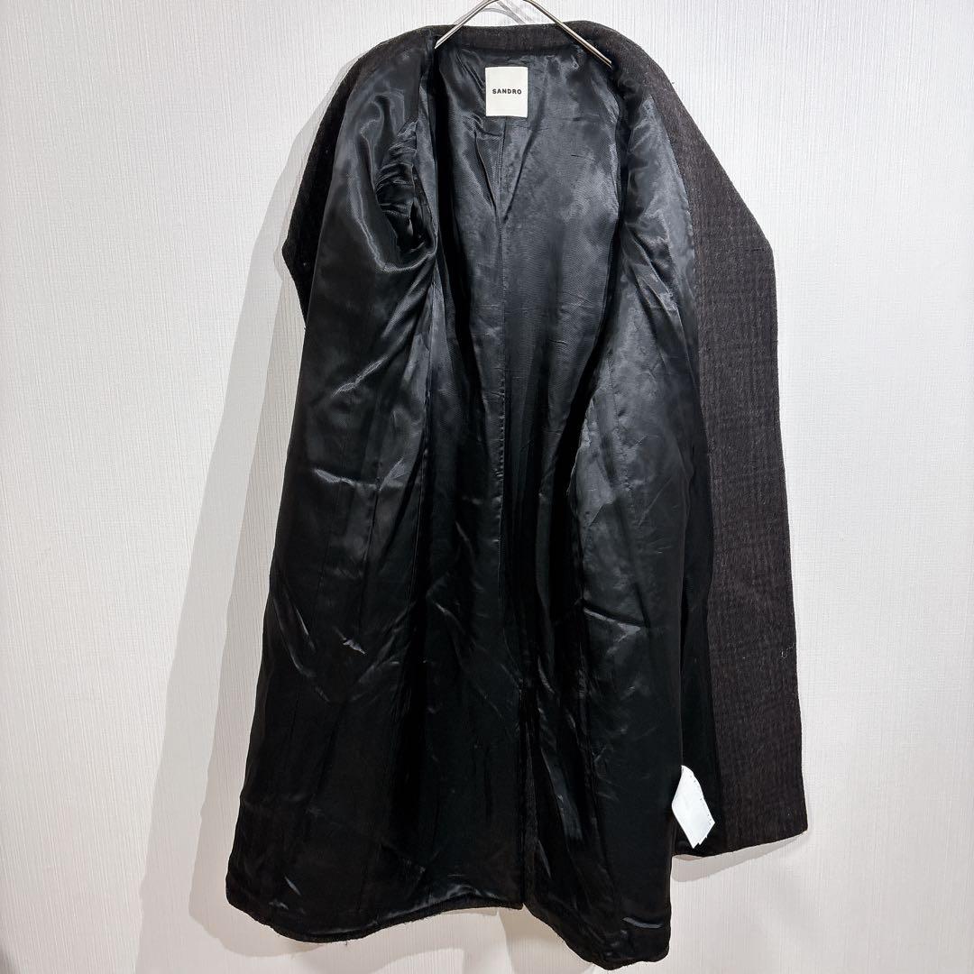 sandro ダブルブレスト　ロングコート　ロゴ金ボタン　チェック　美シルエット