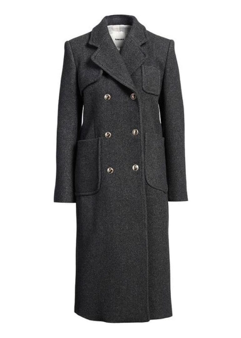 sandro ダブルブレスト　ロングコート　ロゴ金ボタン　チェック　美シルエット