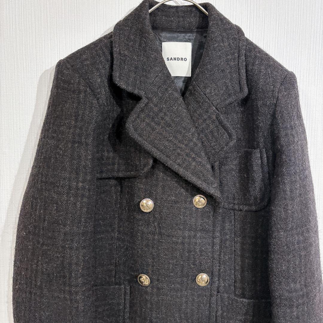 sandro ダブルブレスト　ロングコート　ロゴ金ボタン　チェック　美シルエット