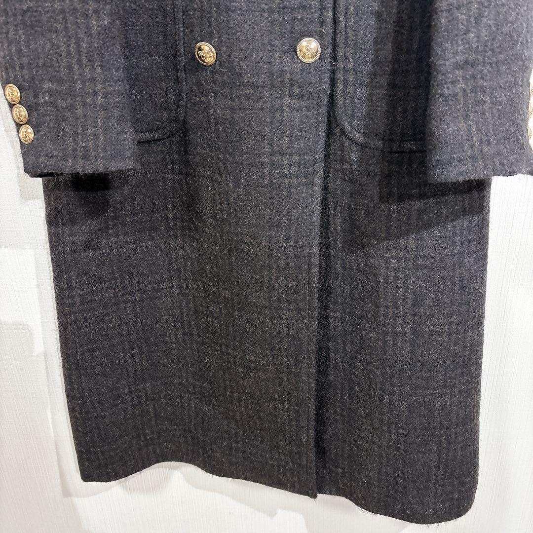 sandro ダブルブレスト　ロングコート　ロゴ金ボタン　チェック　美シルエット