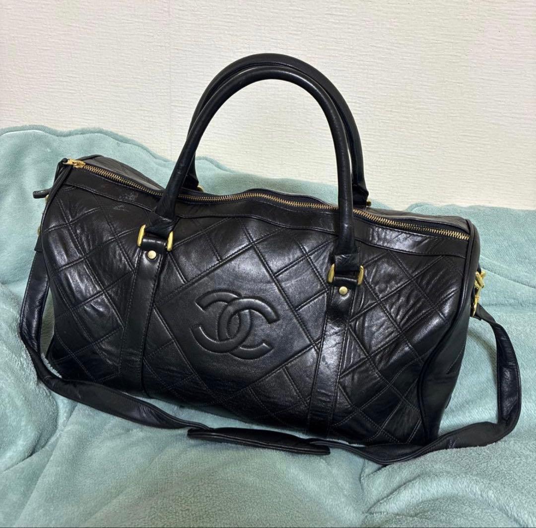 T*K様 CHANEL ヴィンテージ 黒 キルティング ロゴ レザー ボストンバ