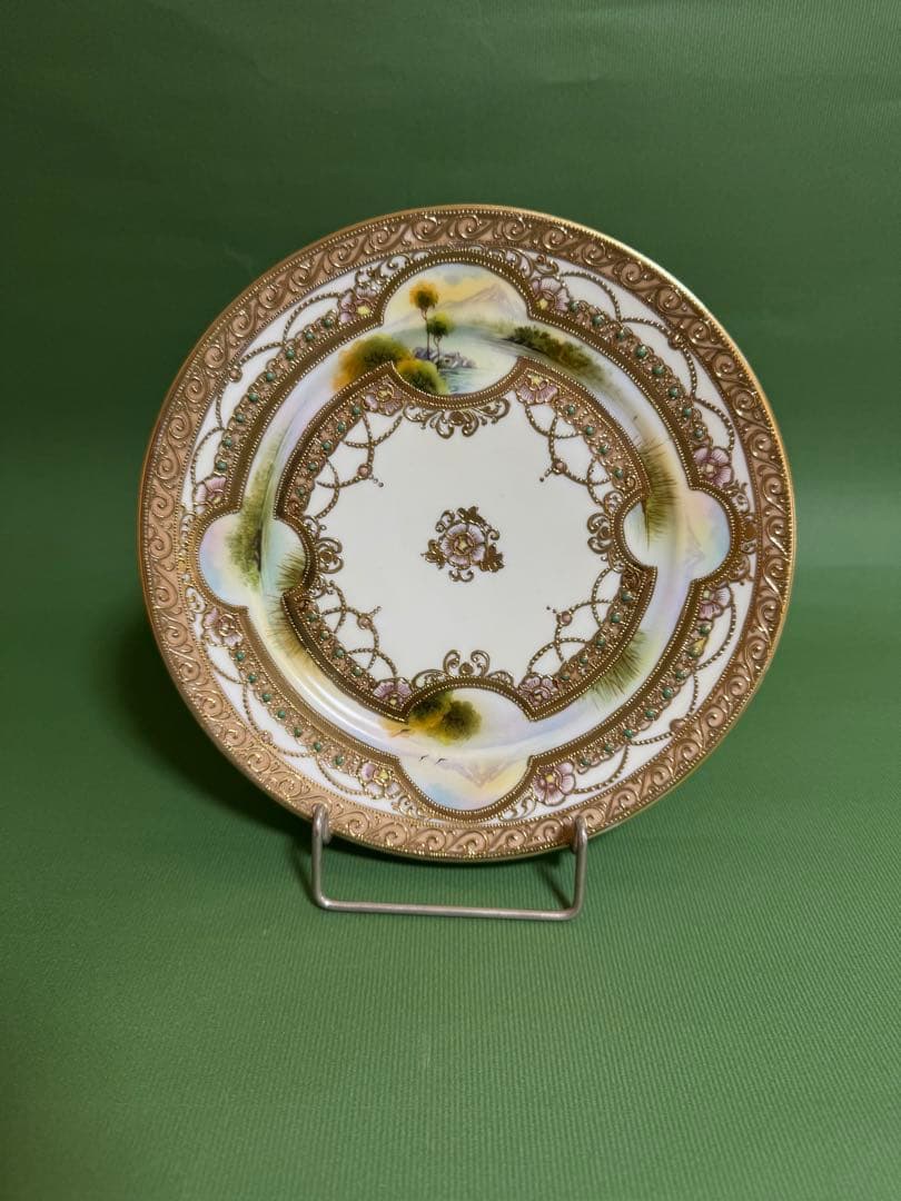 オールドノリタケ ケーキ皿 窓絵風景絵 金盛り ジュール メイプルリーフ