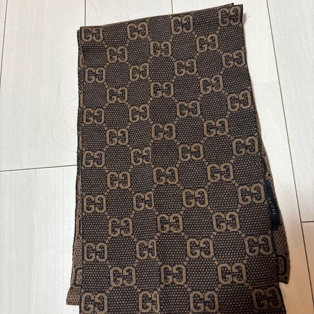 超美品　GUCCI マフラー　ストール　ウール　総柄　ブラウン　リバーシブル