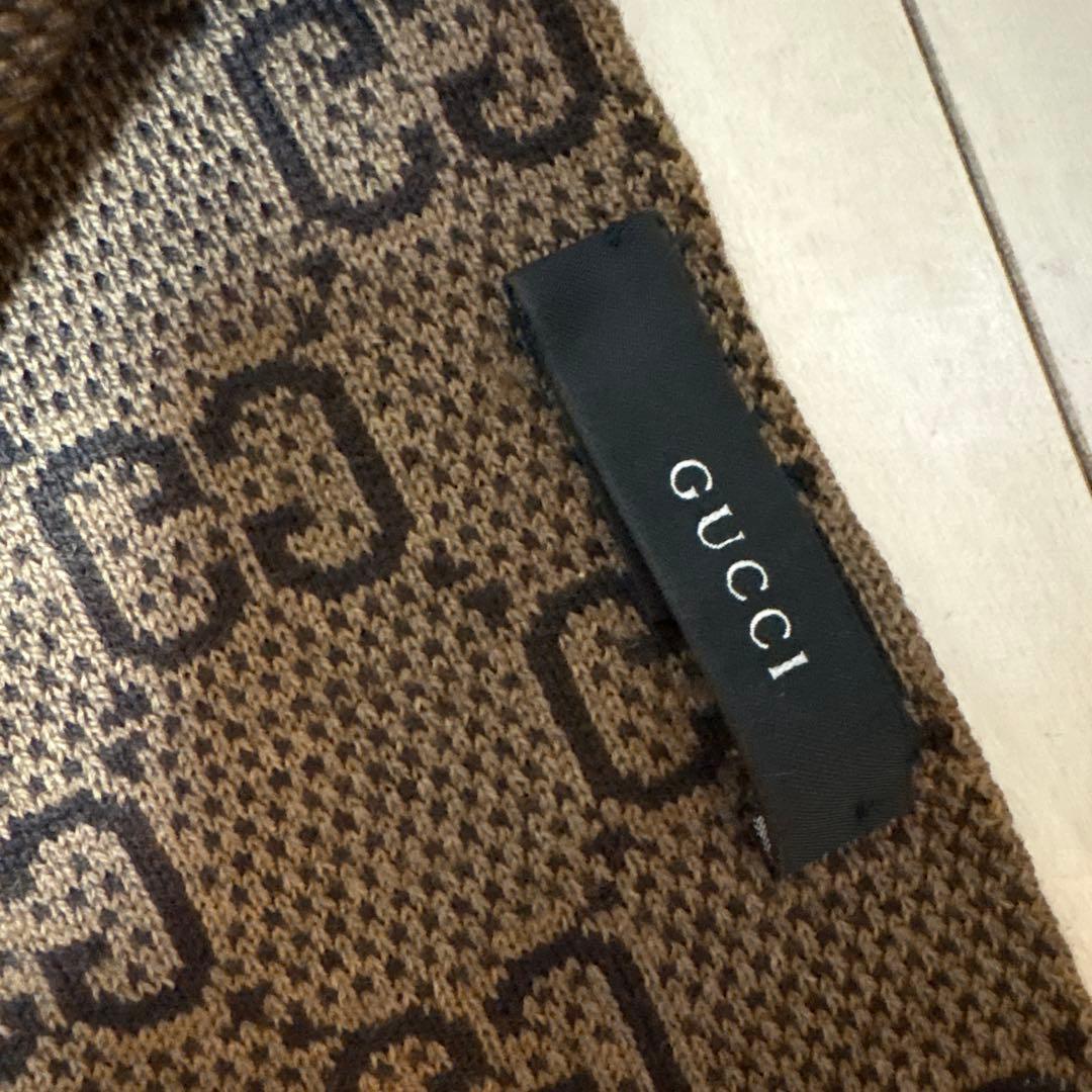 超美品　GUCCI マフラー　ストール　ウール　総柄　ブラウン　リバーシブル
