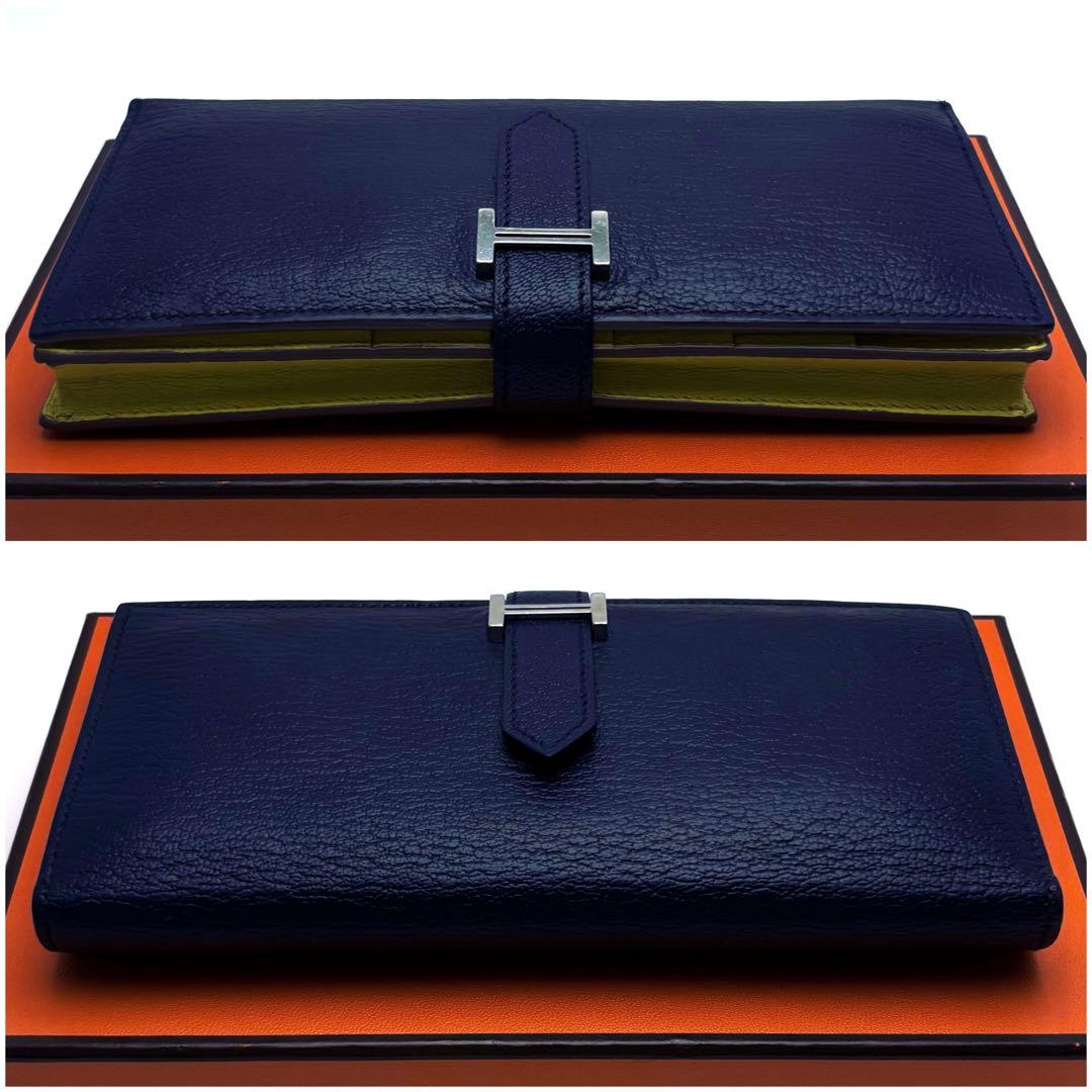HERMES べアン スフレ 二つ折り 長財布 ネイビー 紺 イエロー 黄色 青