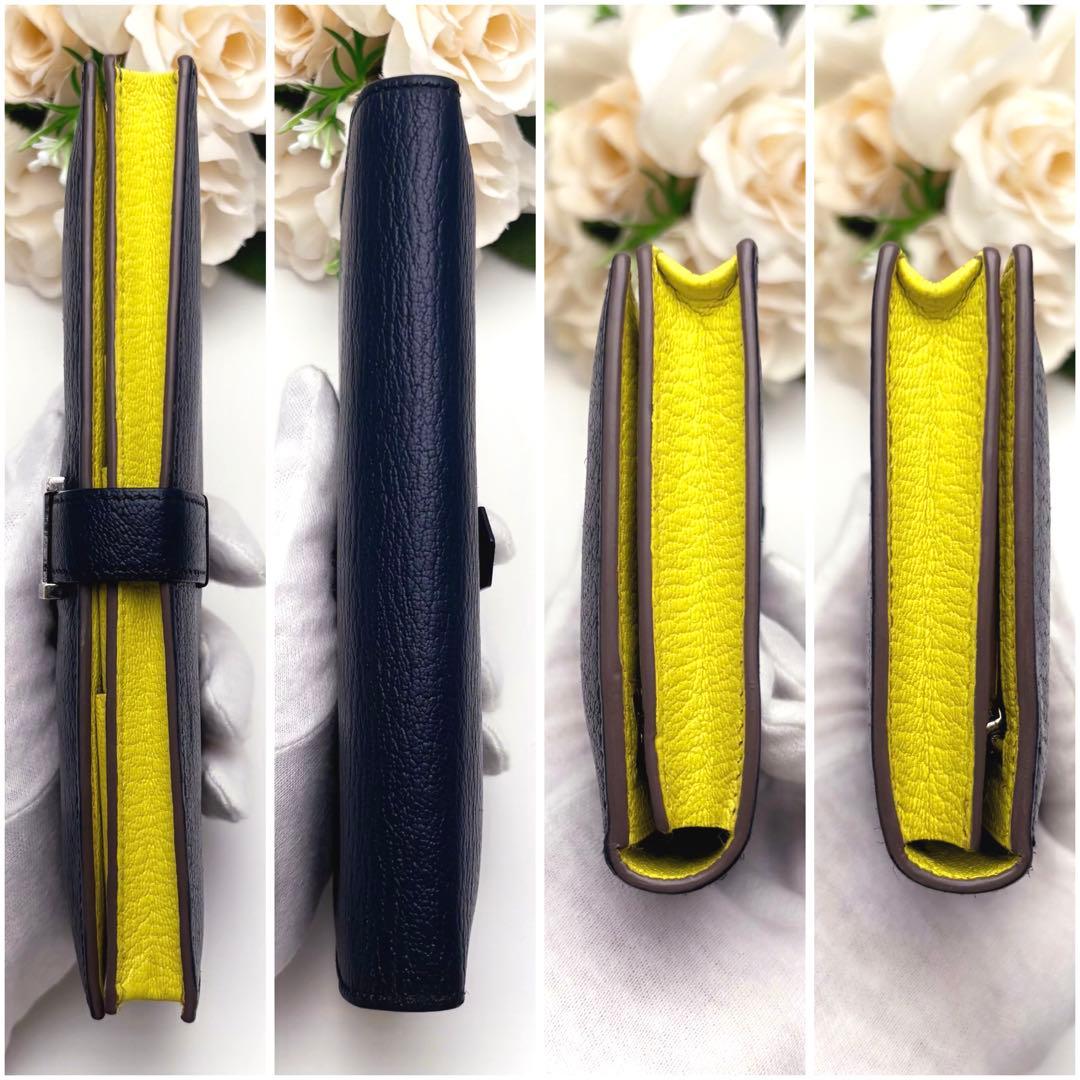 HERMES べアン スフレ 二つ折り 長財布 ネイビー 紺 イエロー 黄色 青