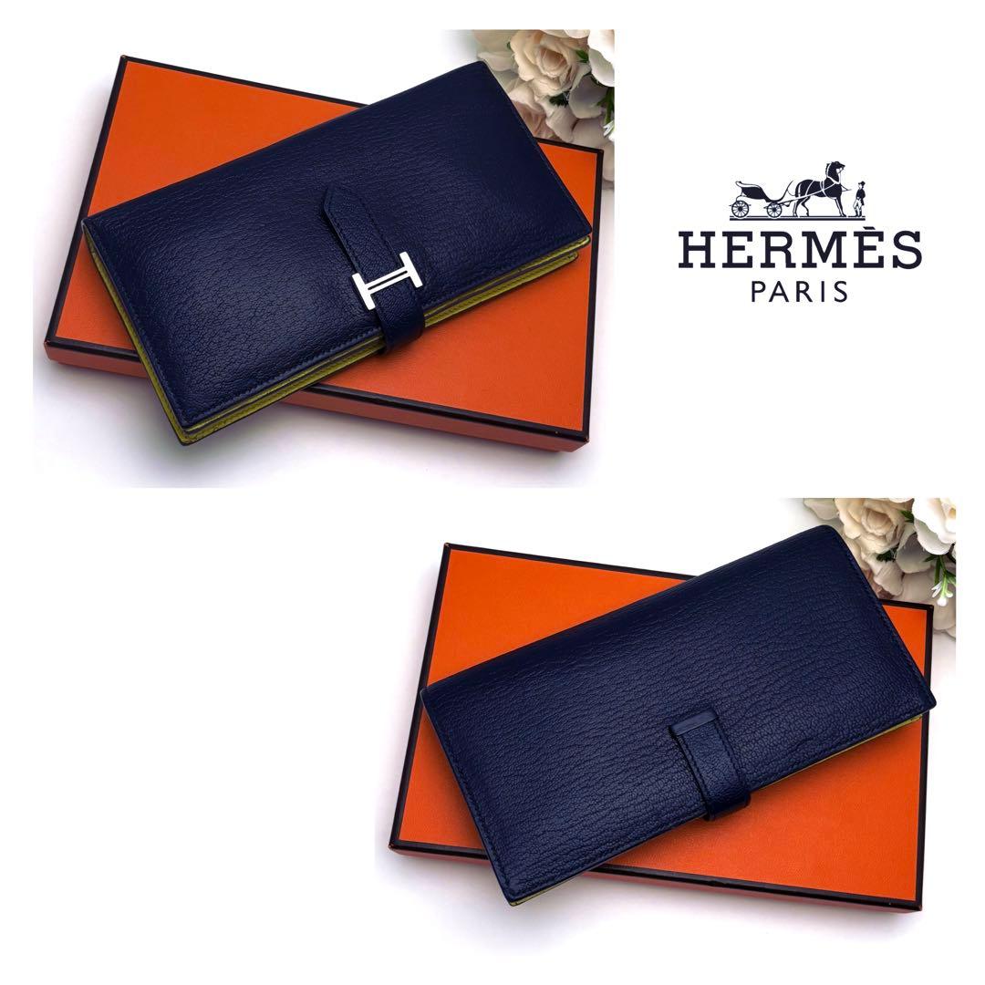 HERMES べアン スフレ 二つ折り 長財布 ネイビー 紺 イエロー 黄色 青