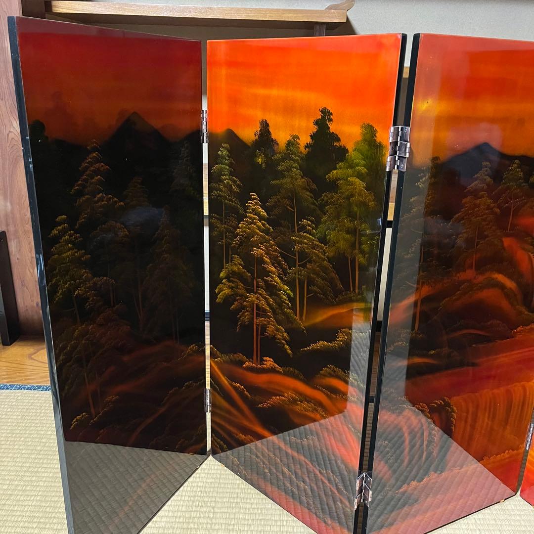 豪華絢爛　螺鈿細工　４連衝立　四曲一隻　屏風　鶴　滝