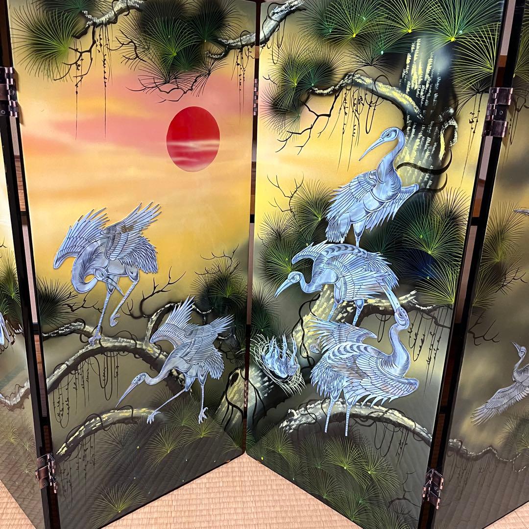 豪華絢爛　螺鈿細工　４連衝立　四曲一隻　屏風　鶴　滝