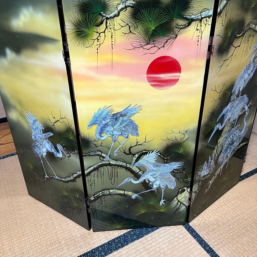 豪華絢爛　螺鈿細工　４連衝立　四曲一隻　屏風　鶴　滝