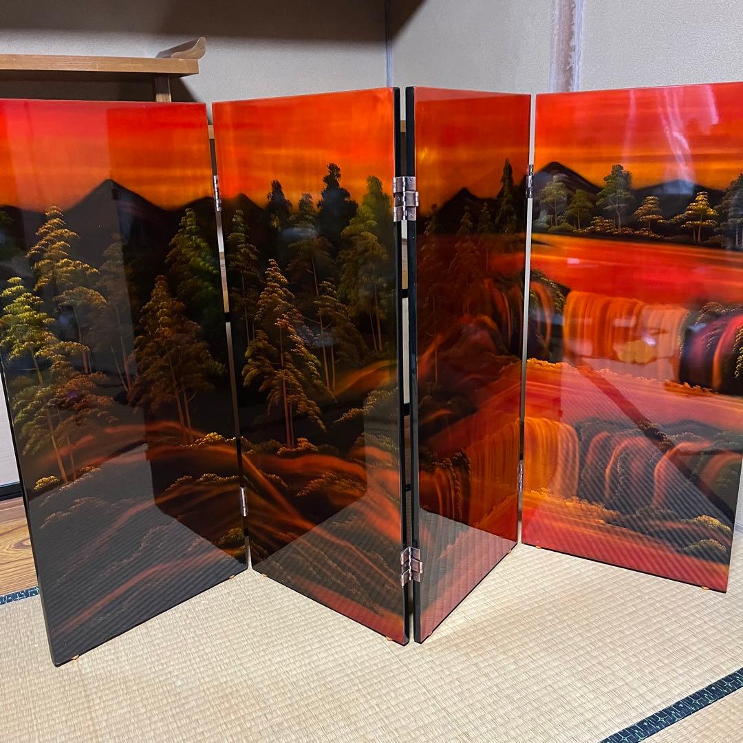 豪華絢爛　螺鈿細工　４連衝立　四曲一隻　屏風　鶴　滝