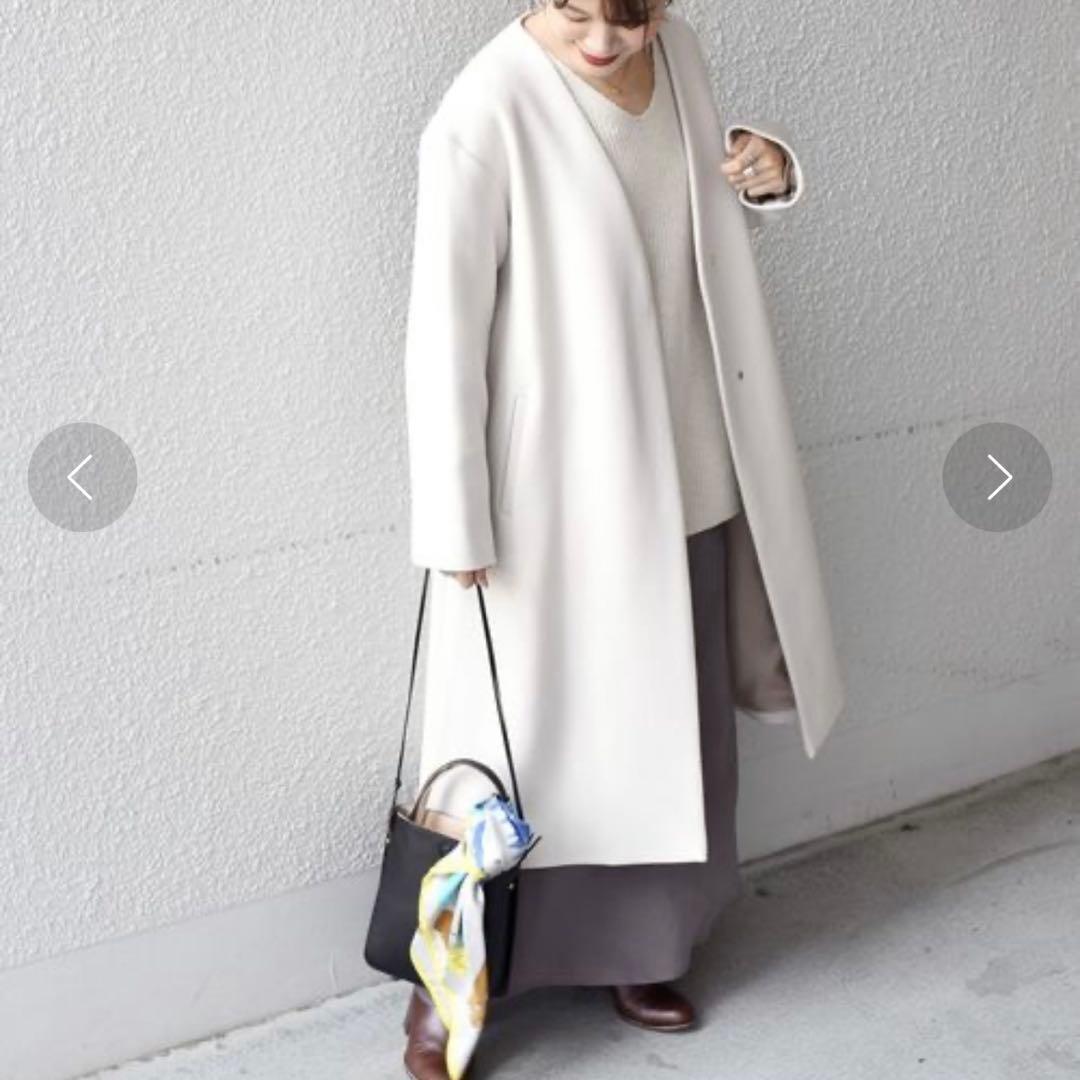 【美品】SHIPSノーカラーロングコート Bellandi ホワイト 40