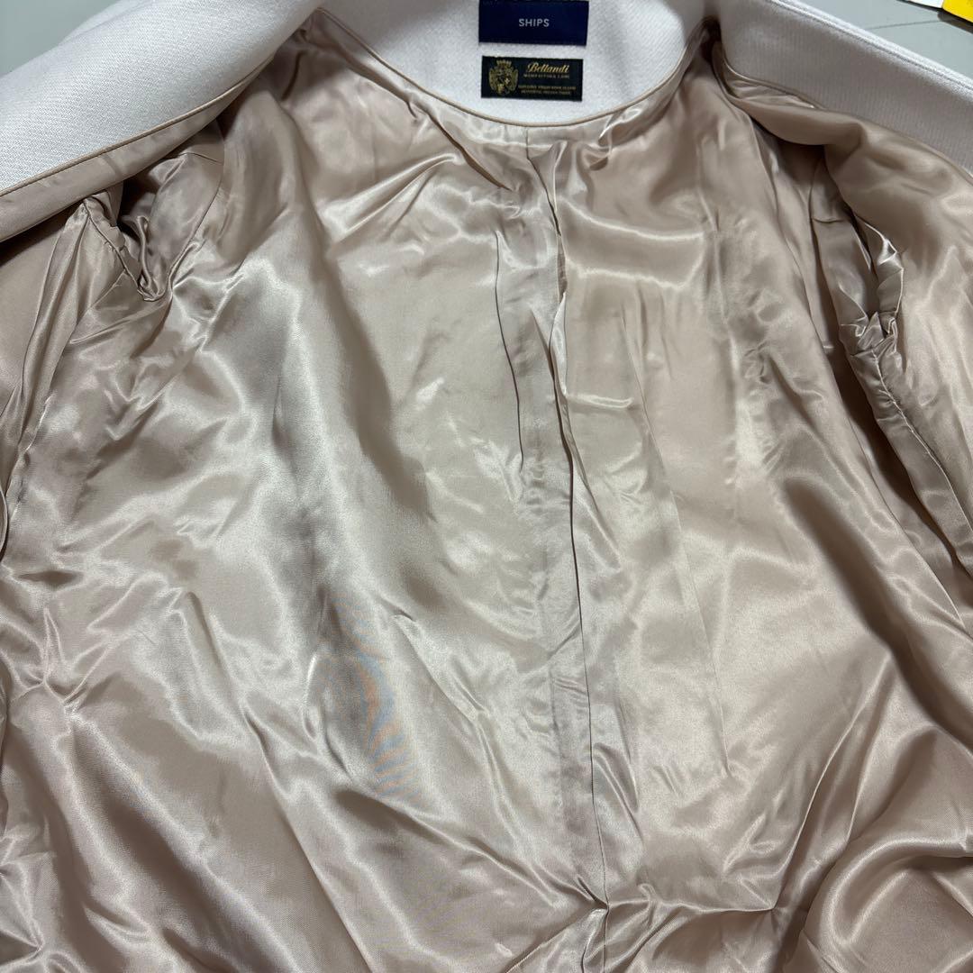 【美品】SHIPSノーカラーロングコート Bellandi ホワイト 40