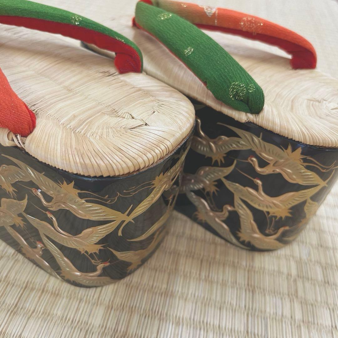 七五三 ぽっくり 七歳 飛鶴 漆金蒔絵 本畳 (未使用品)