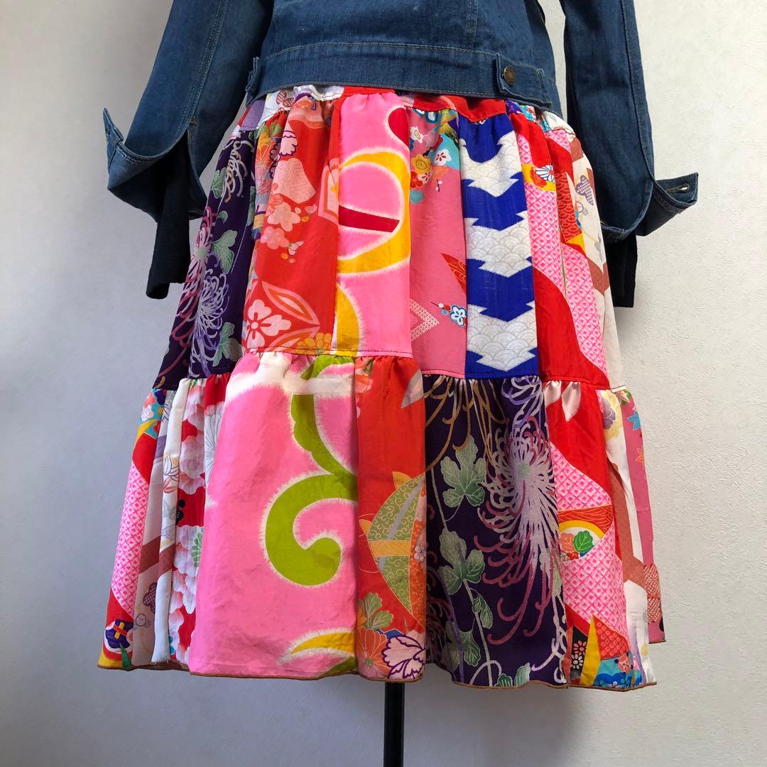 ティアードスカート　古布　リメイク　子供着物　女児着物　七五三着物　一点物