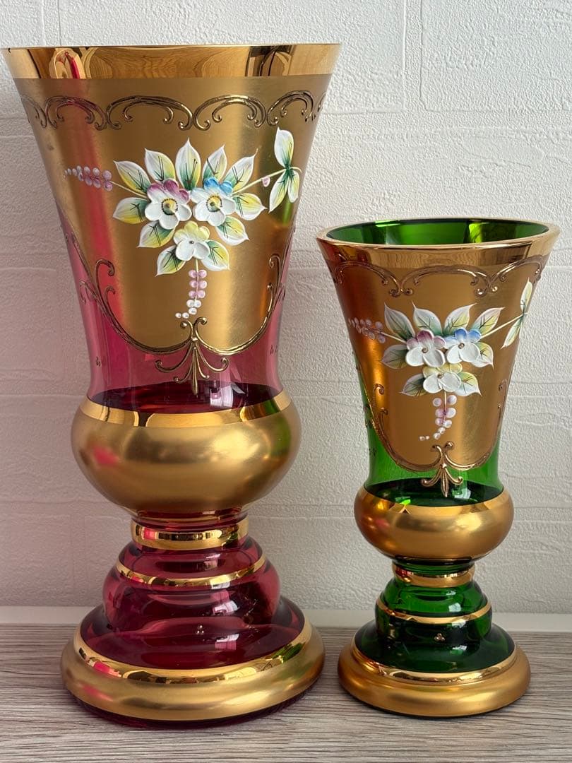 ベネチアングラス 花瓶 2点ペアセット エナメル彩 ムラーノ島 ヴィンテージ