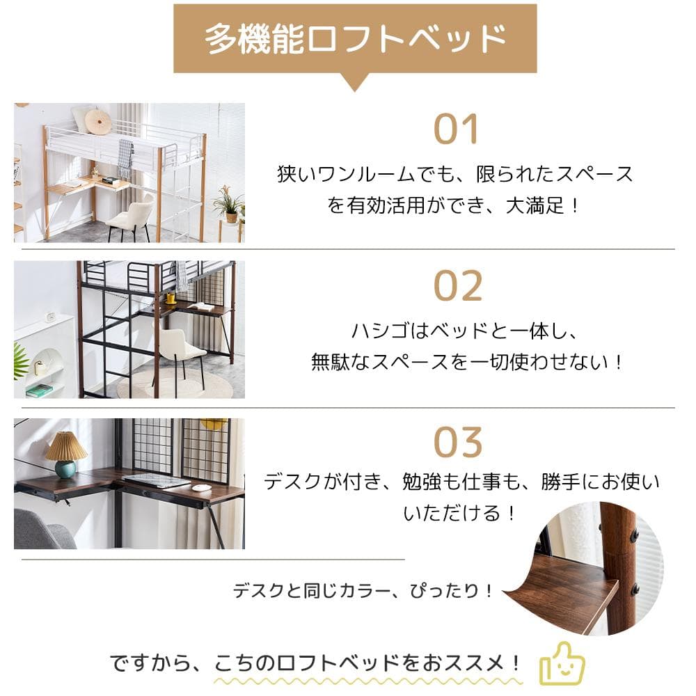 赤字SALE！ロフトベッド シングル デスク・スチールネット・収納付きWHITE