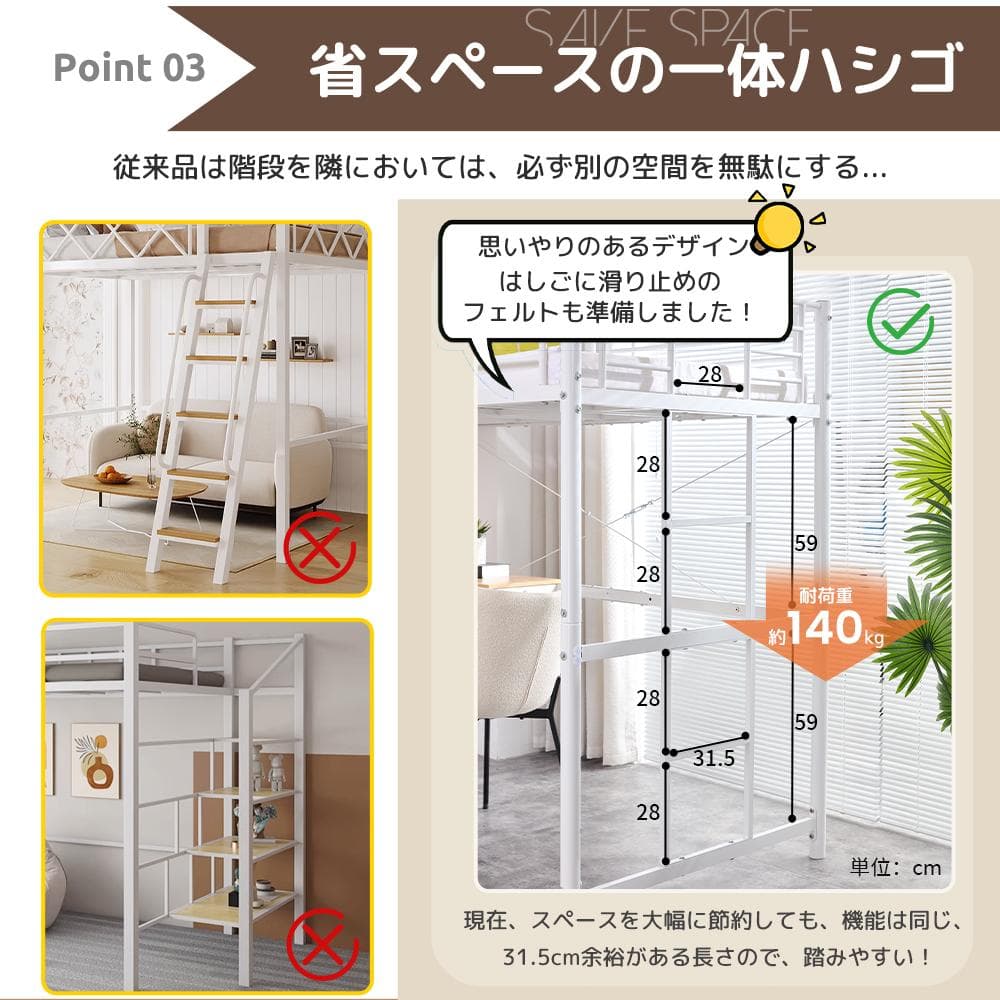 赤字SALE！ロフトベッド シングル デスク・スチールネット・収納付きWHITE