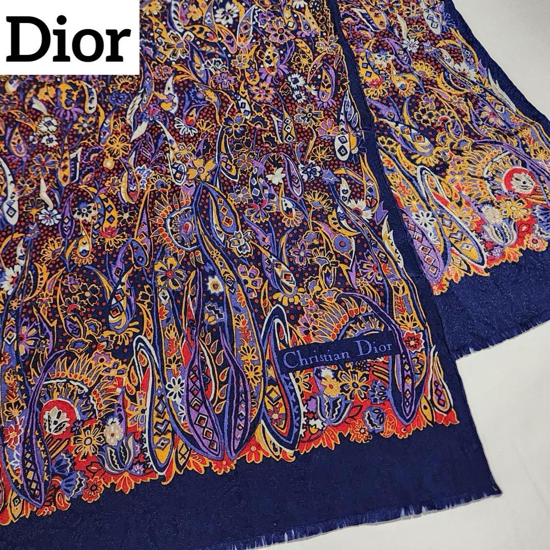 ★Dior★ ディオール ストール ペイズリー柄 シルク ネイビー