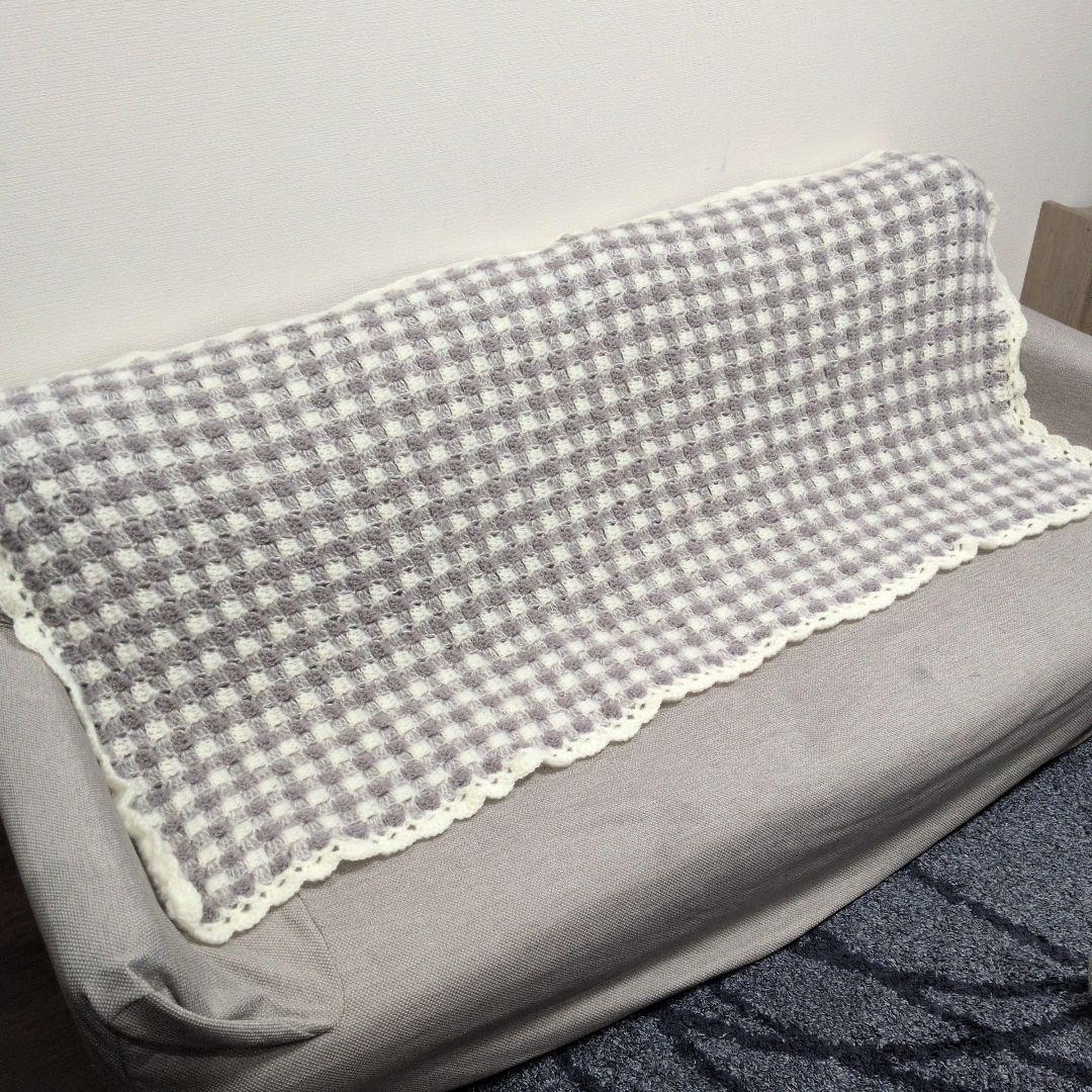 ギンガムチェック柄 手編みブランケット マルチカバー ひざ掛け