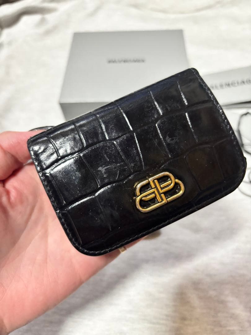 BALENCIAGA 三つ折り財布 ブラック　クロコ　レザー