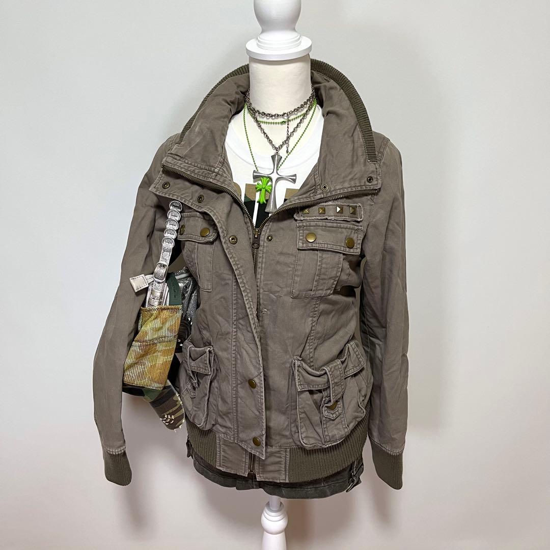 y2k gather military グランジ ミリタリージャケット カーキ