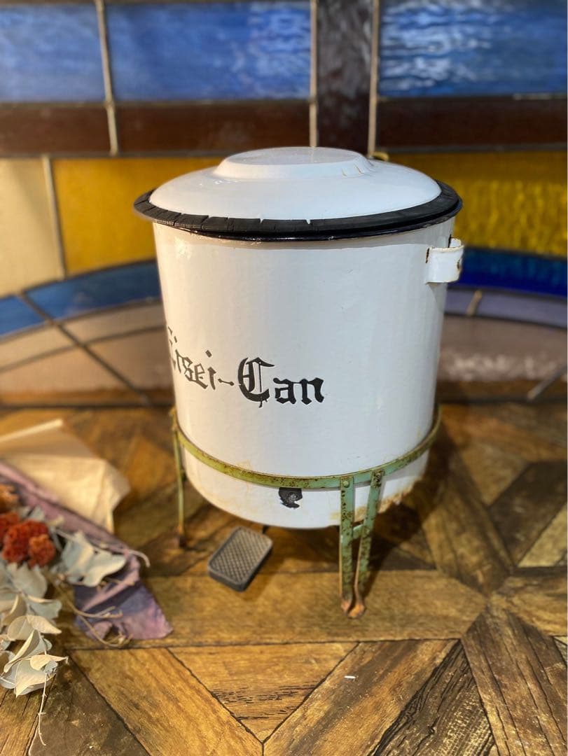 希少 ホーロー缶 ゴミ箱 ガーデン アンティーク ビンテージ 昭和レトロ 当時物