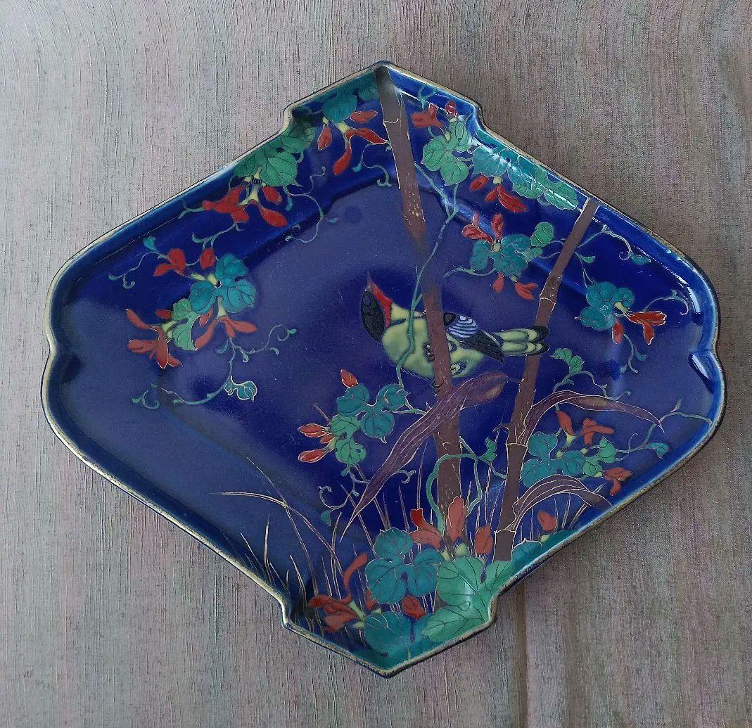 （希少）　明治伊万里　オールド香蘭社？　瑠璃花鳥菱形変形皿　　有田焼