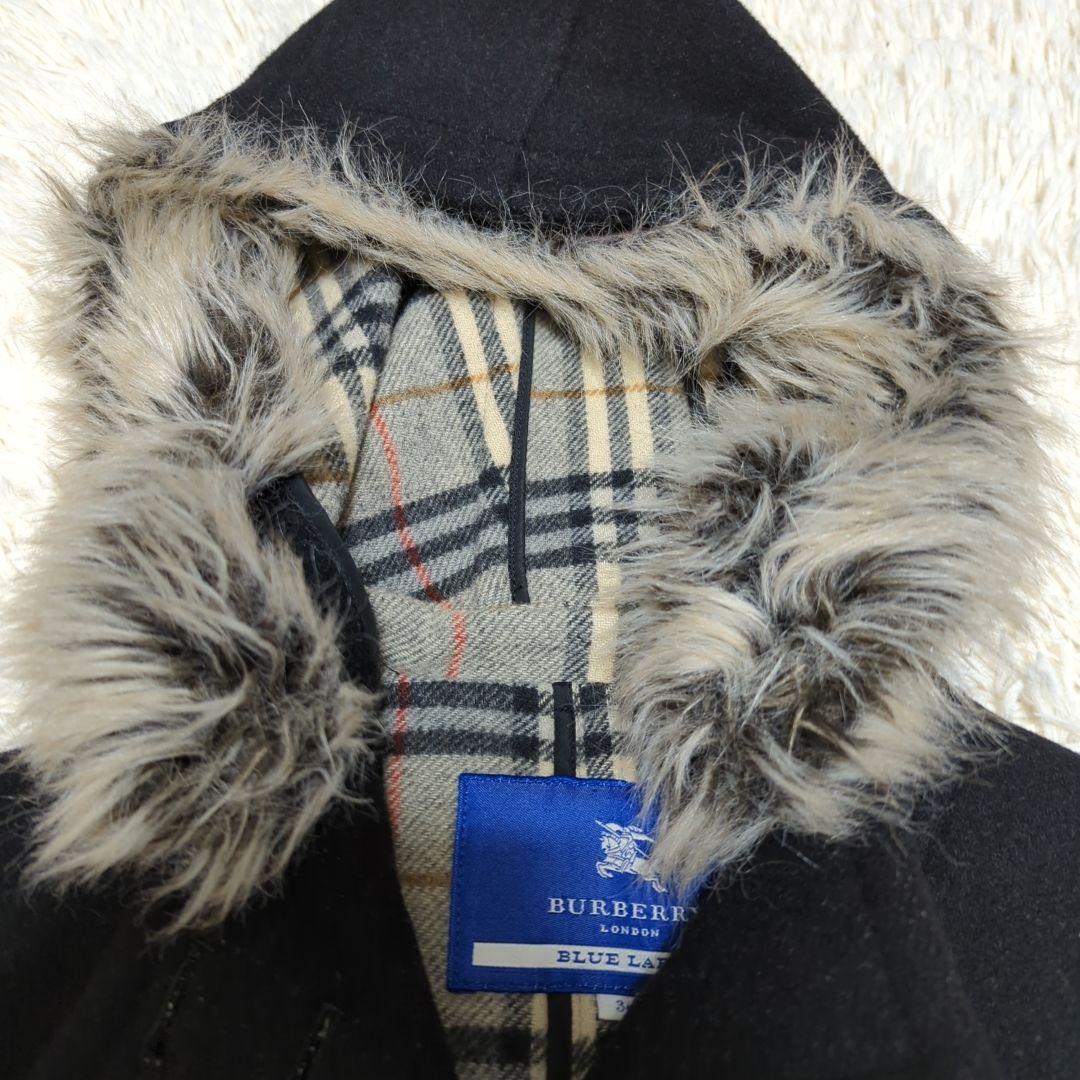 バーバリーブルーレーベル　ダッフルコート　ノバチェック　ファー　ウール
