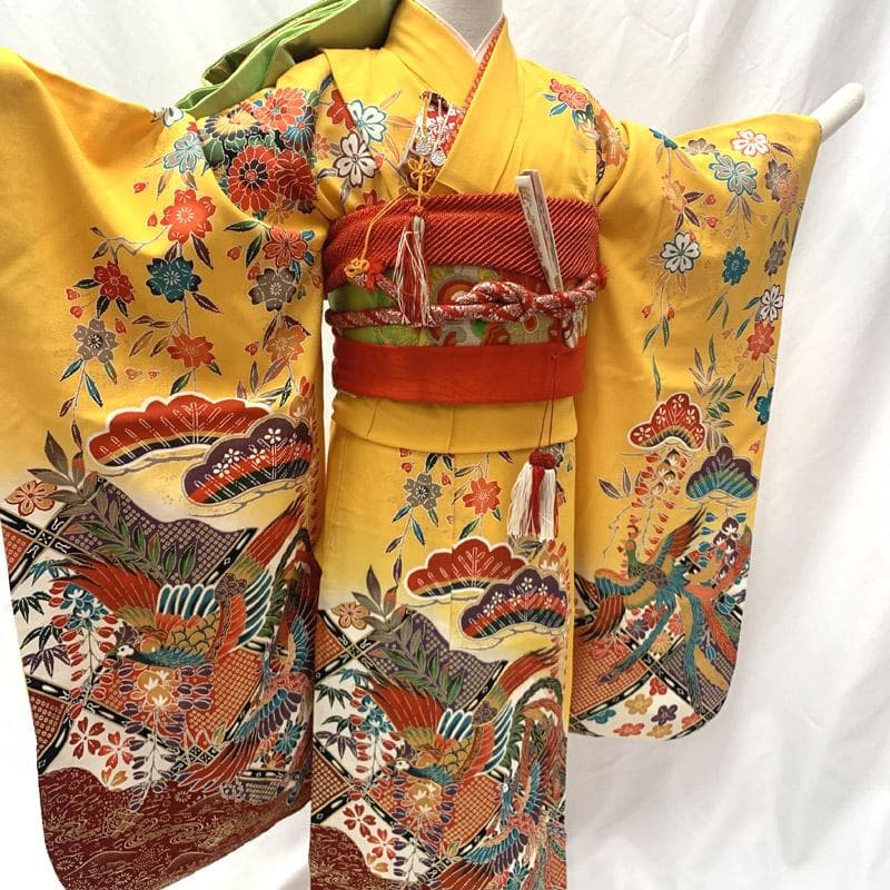 503ag93■七五三 七歳 女児 着物&六通袋帯&長襦袢 鳳凰 金彩■状態良好