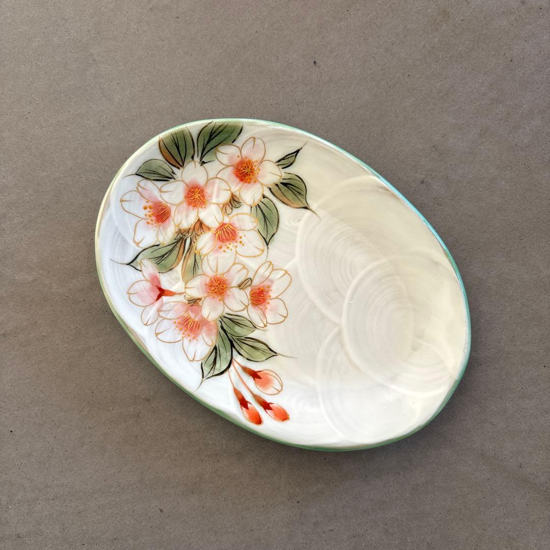 《ほぼ新品》美品【陶葊】京焼　清水焼　白掛彩草花　色絵付け　皿　桜　陶あん