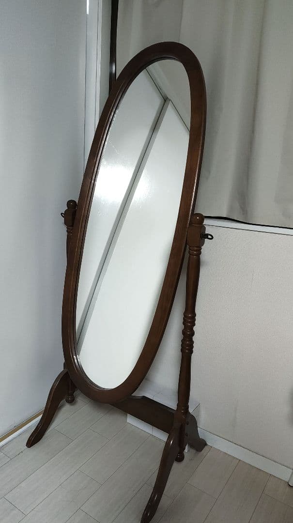 アンティーク調 木製鏡 楕円型 姿見 スタンドミラー