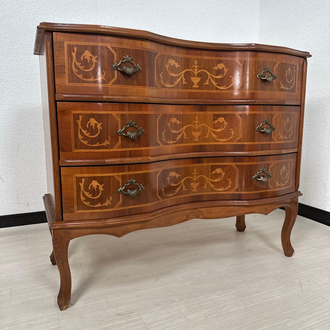 イタリア製 チェスト 3段 象嵌 金属取手 猫脚 i4※