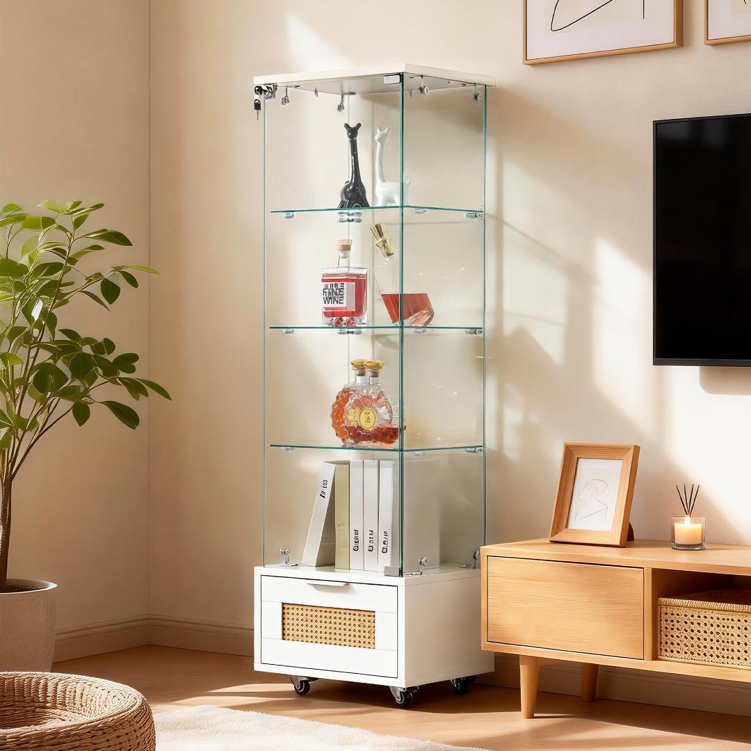 ホワイト コレクションケース 引出し付 幅42.5×奥行36.5×高さ148cm