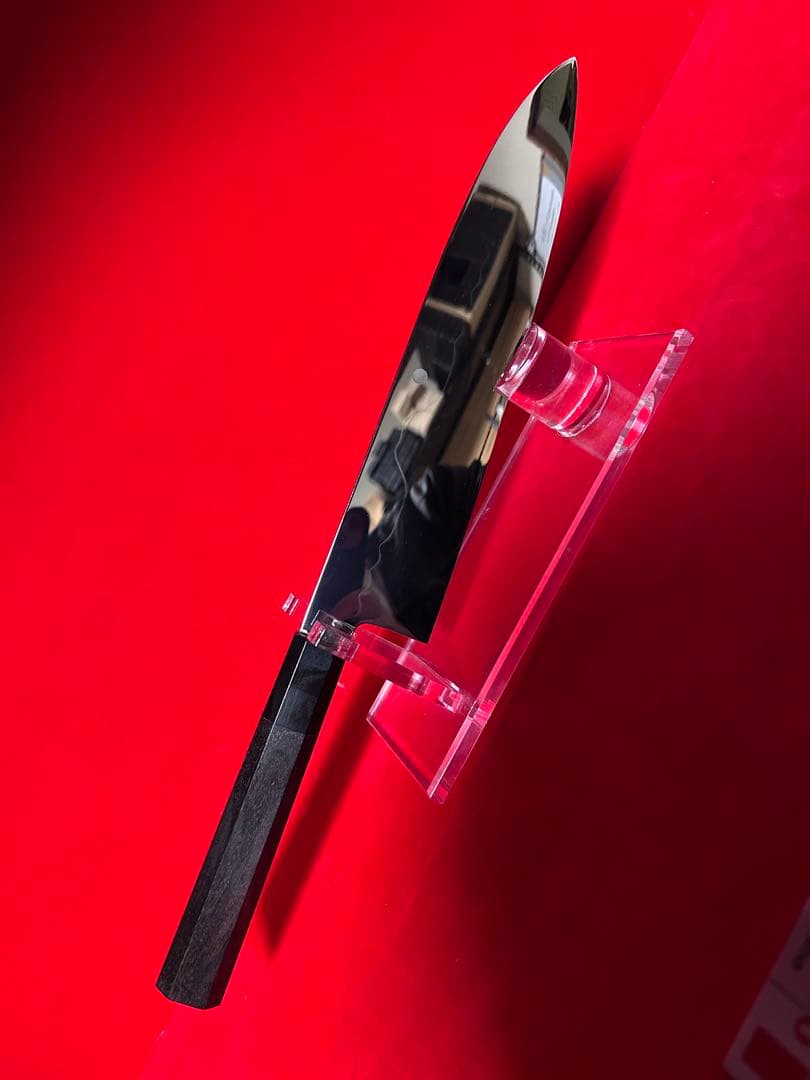 01529 包丁　牛刀　水本焼　富士山満月波紋　白鋼　箱付　未使用品