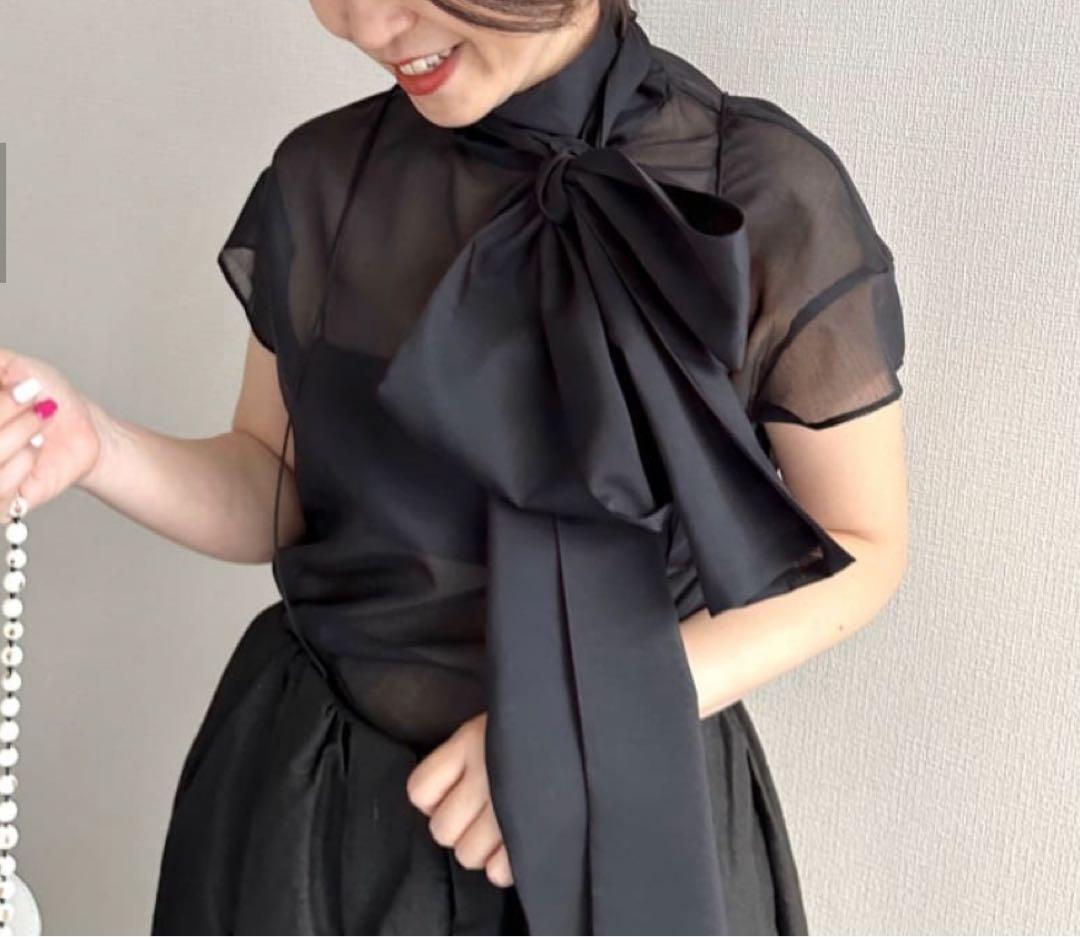 【ウィムガゼット】リボン　ボウタイ　シアー　ブラウス　ブラック　フレンチスリーブ