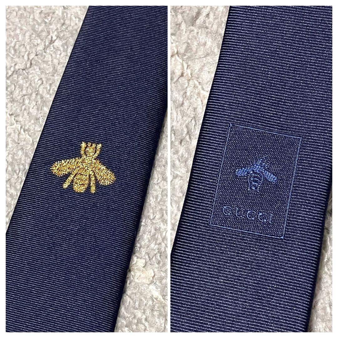 美品！グッチ［ネクタイ］ジャガード　ネイビー　蜂　Bee　ビジネス