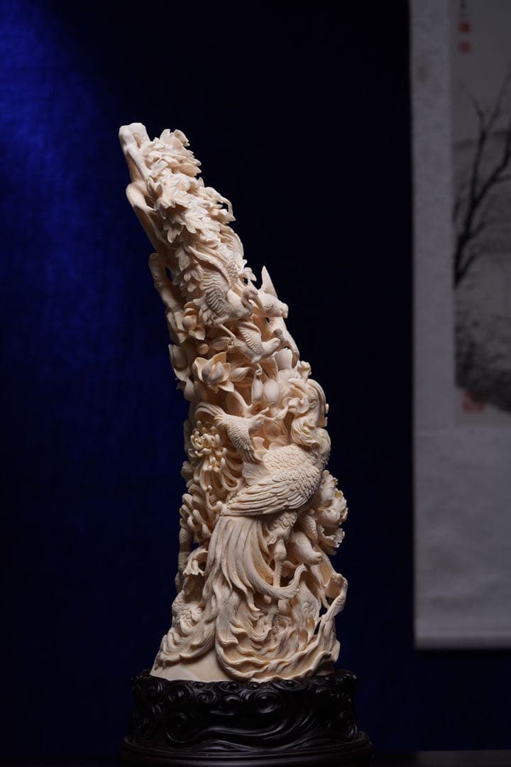 天然マンモス牙美しい手作り彫刻百鳥朝鳳 置物