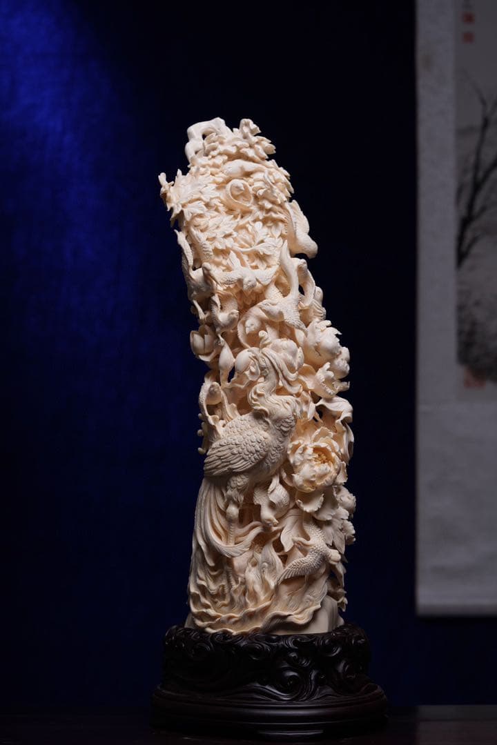 天然マンモス牙美しい手作り彫刻百鳥朝鳳 置物