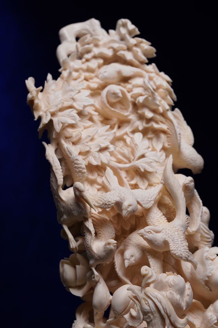 天然マンモス牙美しい手作り彫刻百鳥朝鳳 置物