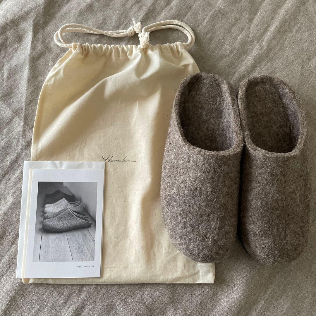 未使用 Hemskor（ヘムスコー）羊毛フェルトルームシューズ（踵なし）袋付き