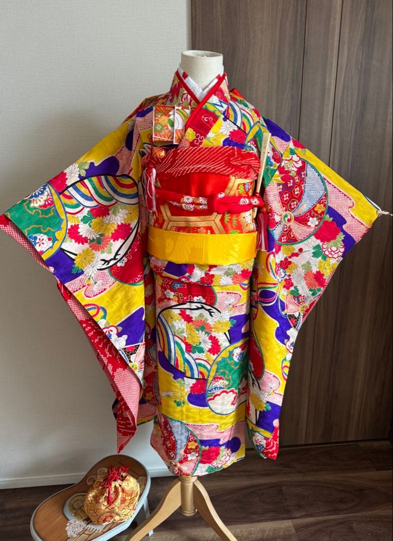 七五三に★正絹　アンティークエ霞に鞠と貝合わせ文様着物と袋帯のセット