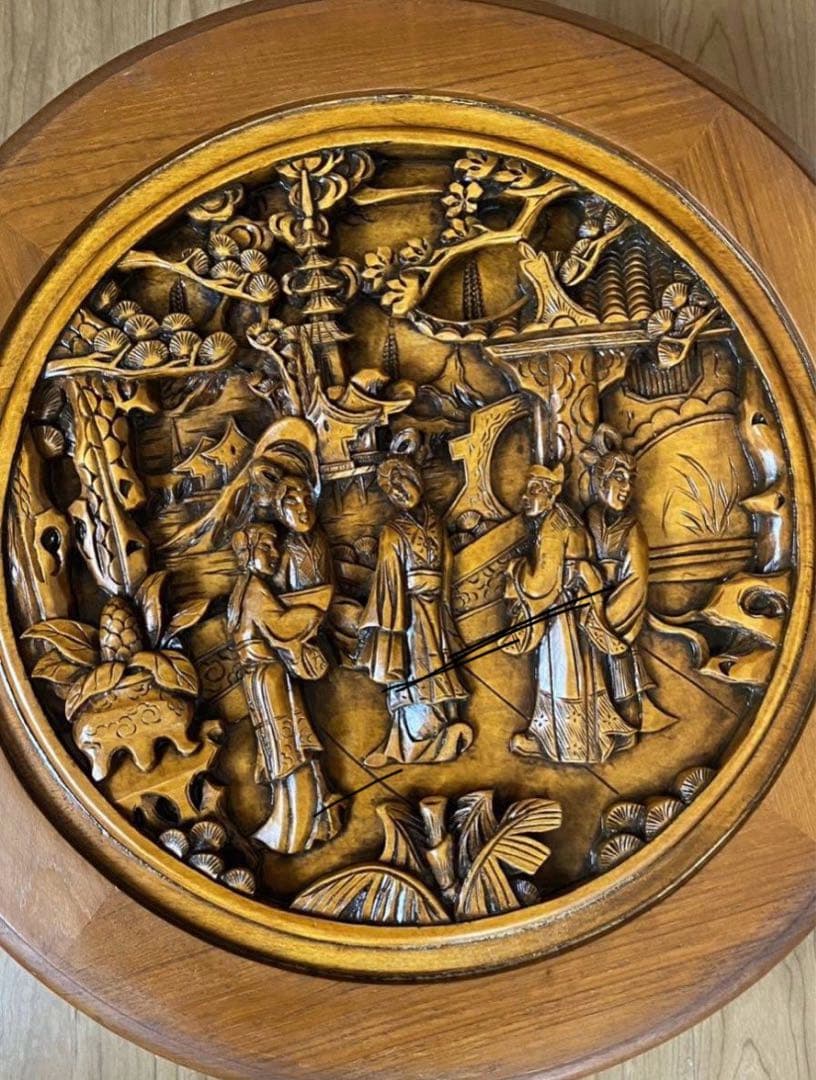 中国古美術 人物彫丸形円卓プレート唐木四脚52cm X52cm X高20.5cm