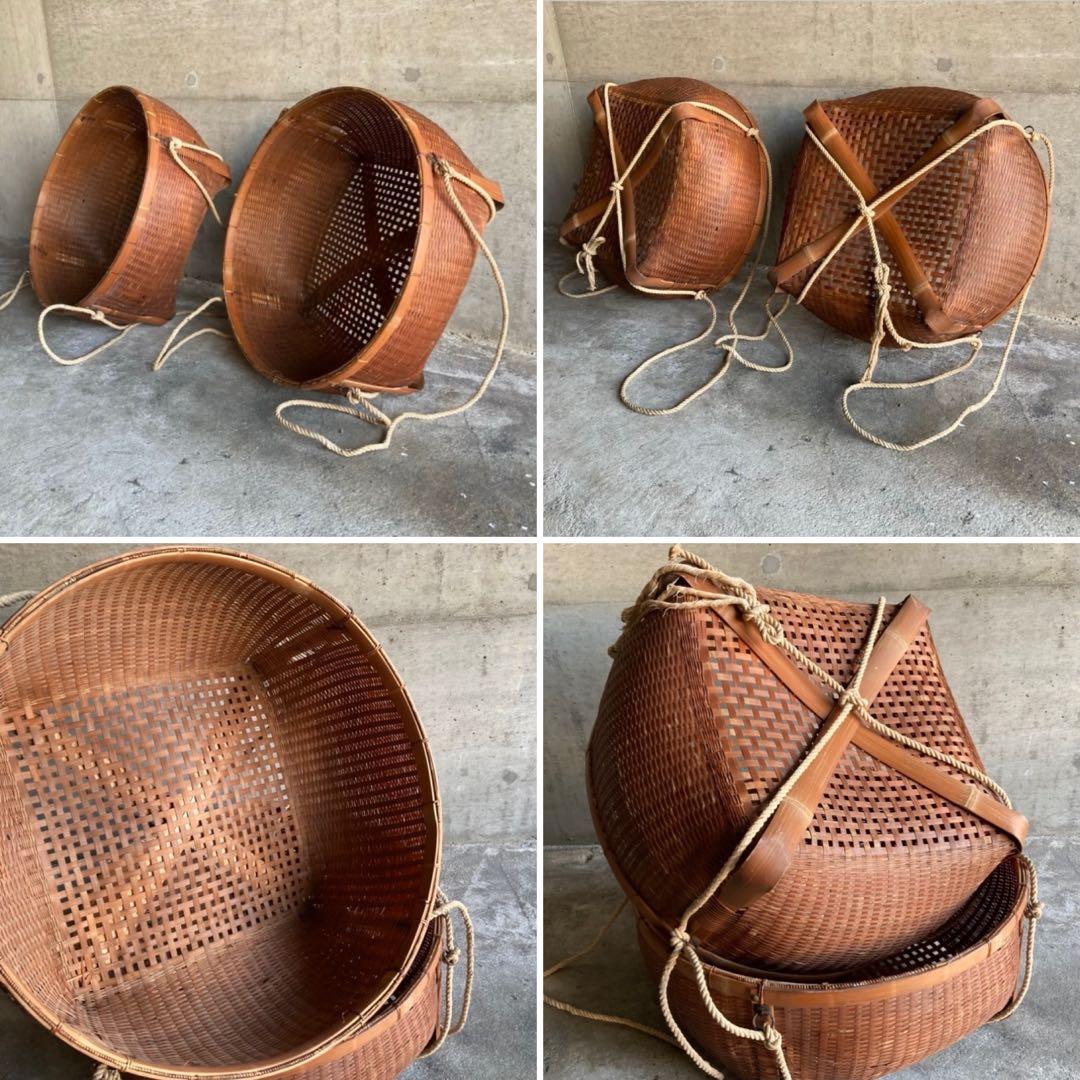 古い大きな竹籠 かご バスケット 大型 竹細工 鉄金具 2点 古道具 レトロ