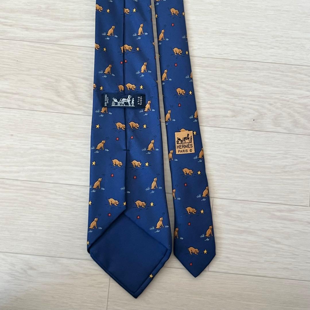 エルメス HERMES ネクタイ シルク100% ネイビー 犬 星 総柄 動物柄