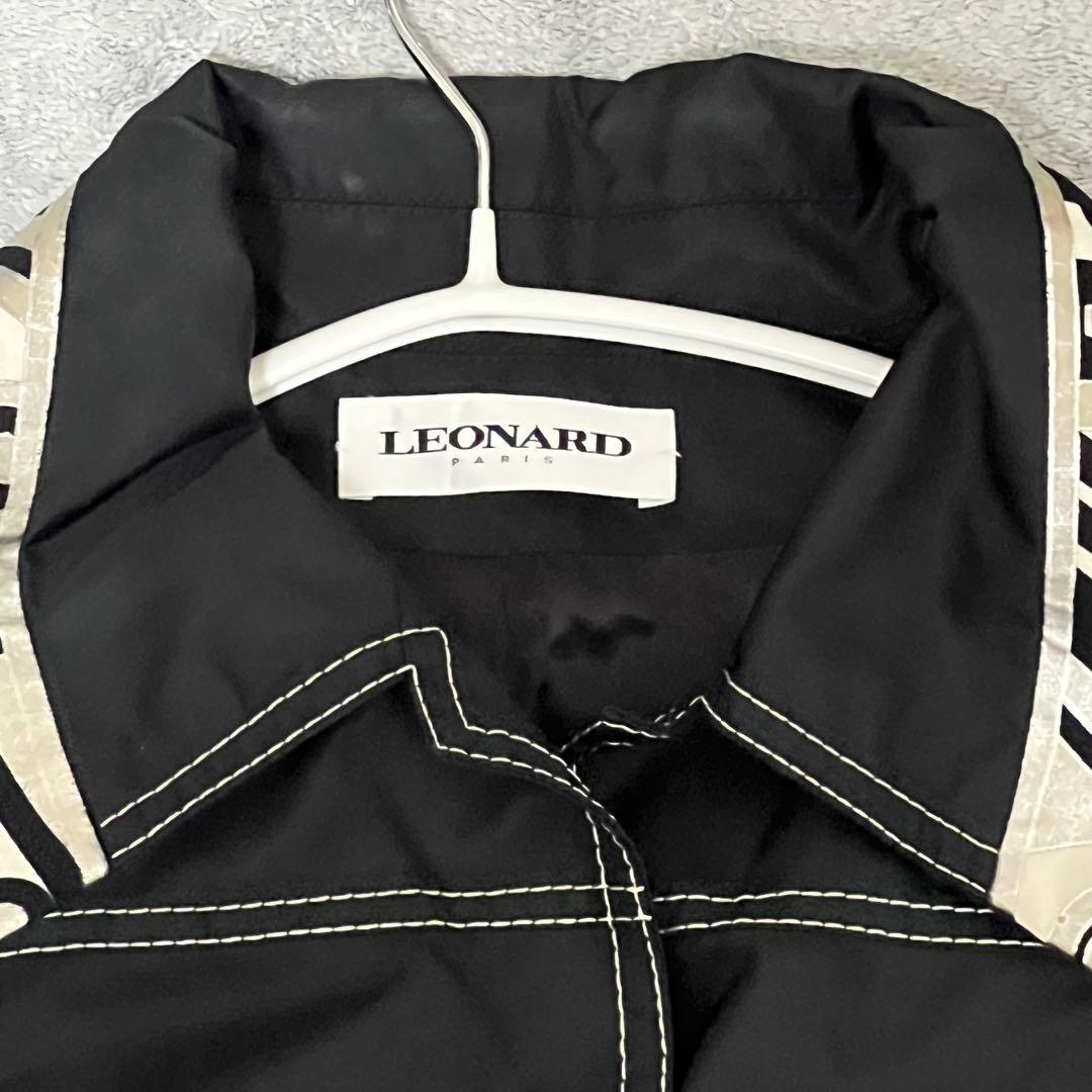 【美品】LEONARD シルクロングコートブラック L花柄トリムデザイン