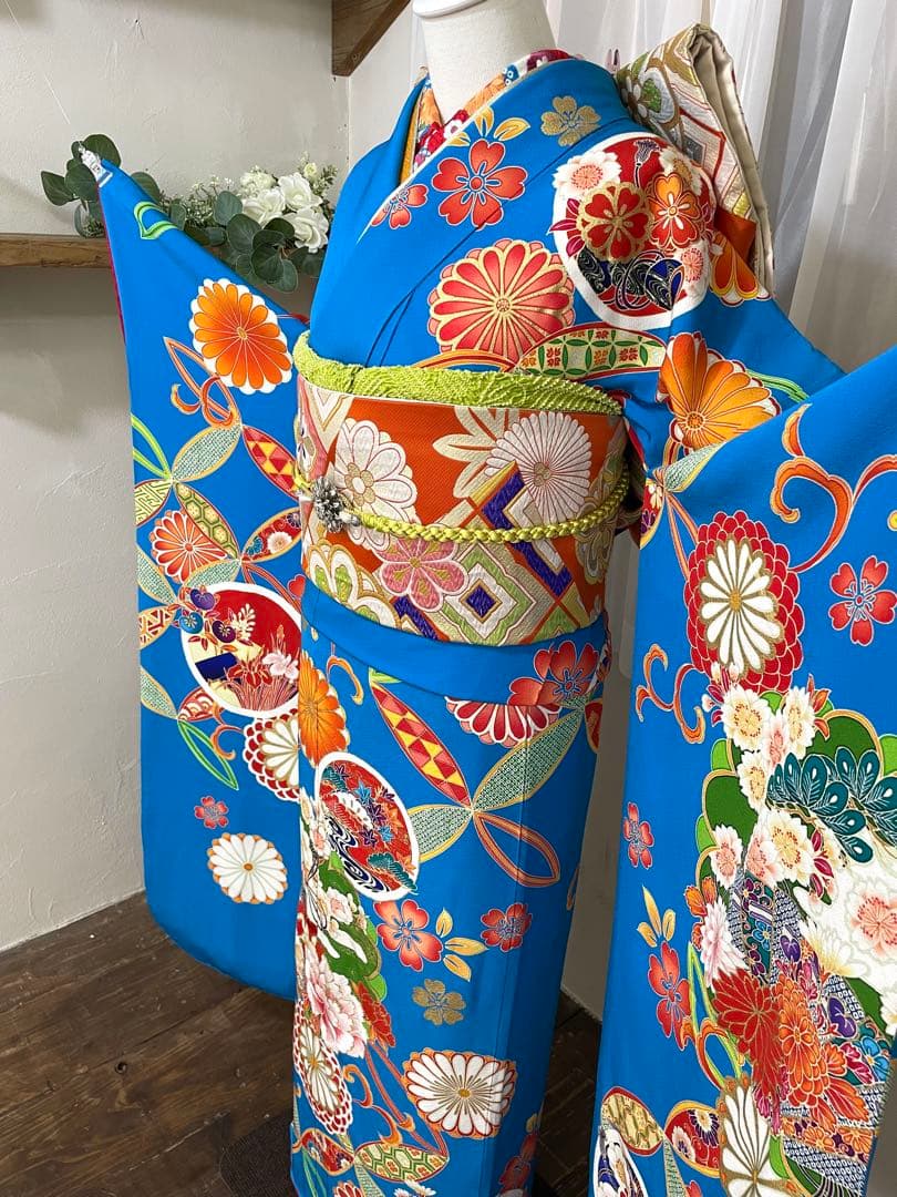 成人式　振袖フルセット　1106 正絹振袖　古典総柄　縮緬　青　オレンジ